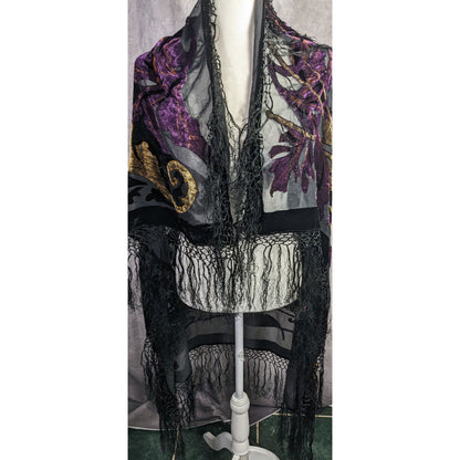 Vintage Burnt Velvet Shawl With Gold & Purple Floral Design