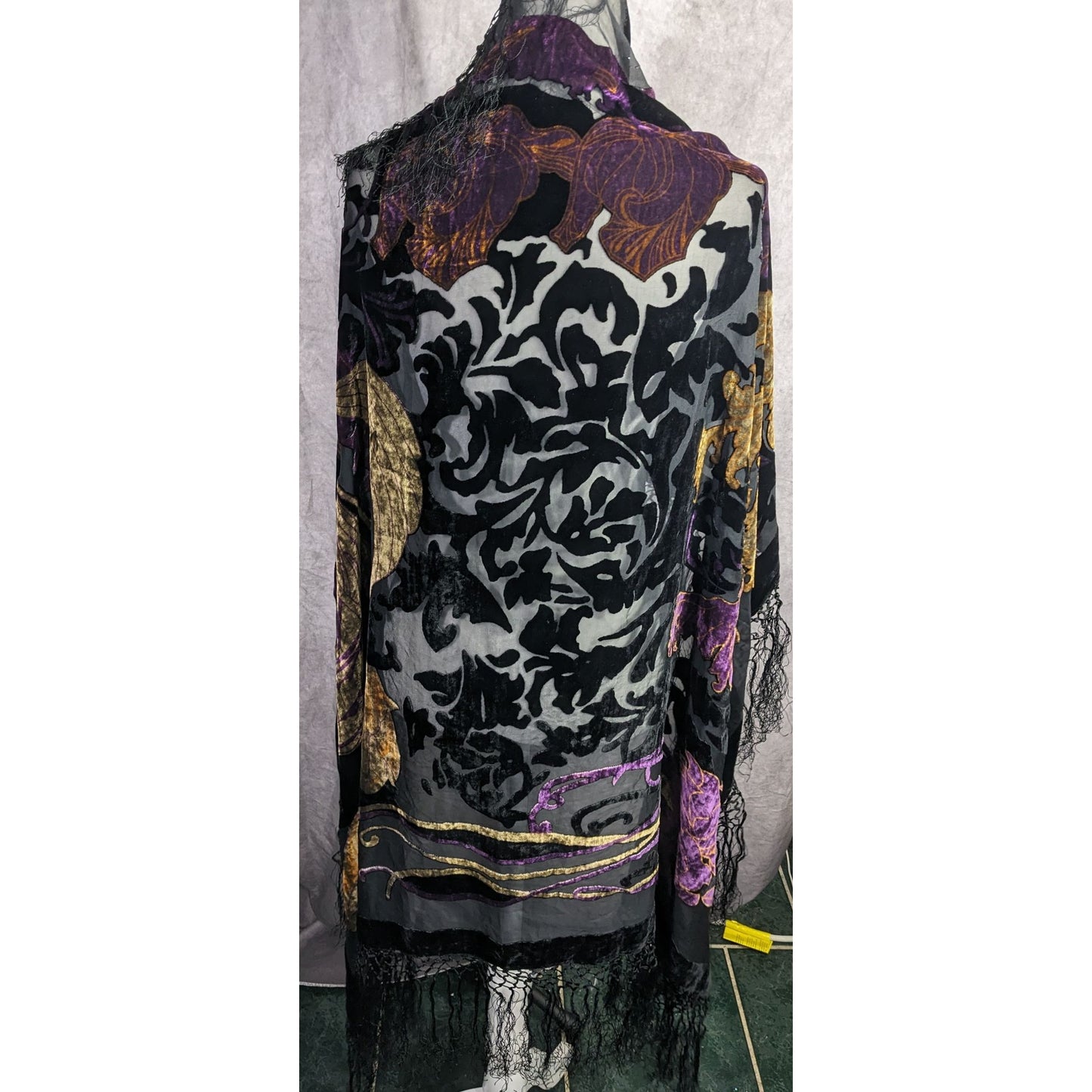 Vintage Burnt Velvet Shawl With Gold & Purple Floral Design