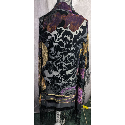 Vintage Burnt Velvet Shawl With Gold & Purple Floral Design