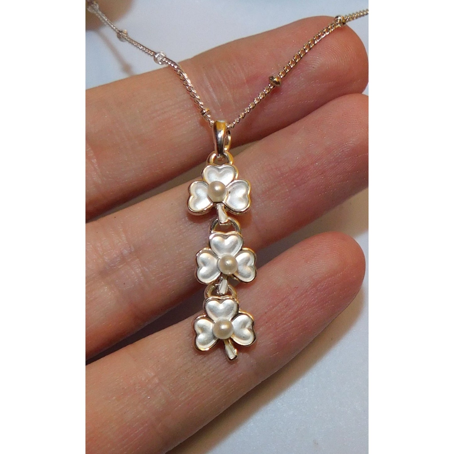 Triple Clover Silver Tone Necklace With Faux Pearl Accents