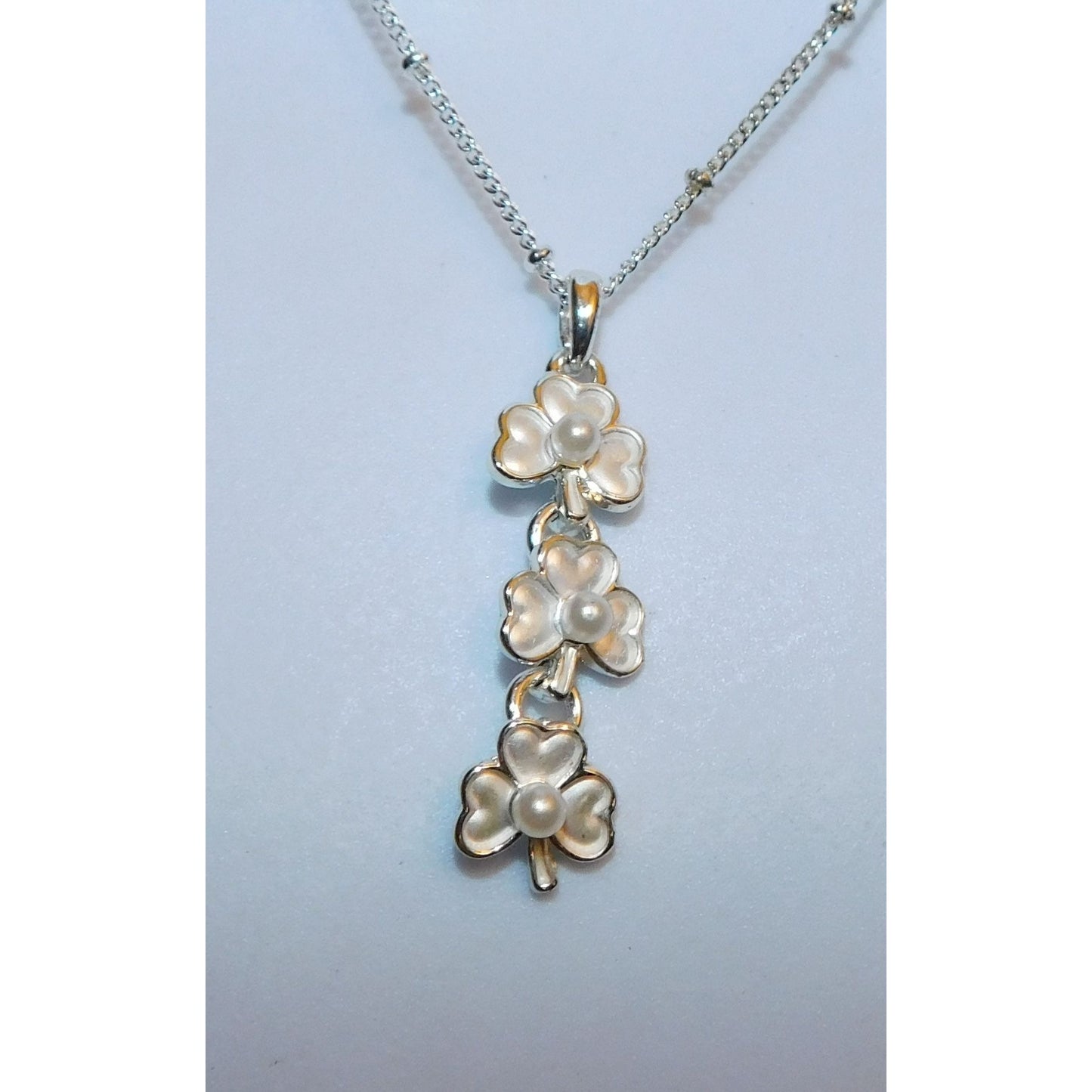 Triple Clover Silver Tone Necklace With Faux Pearl Accents
