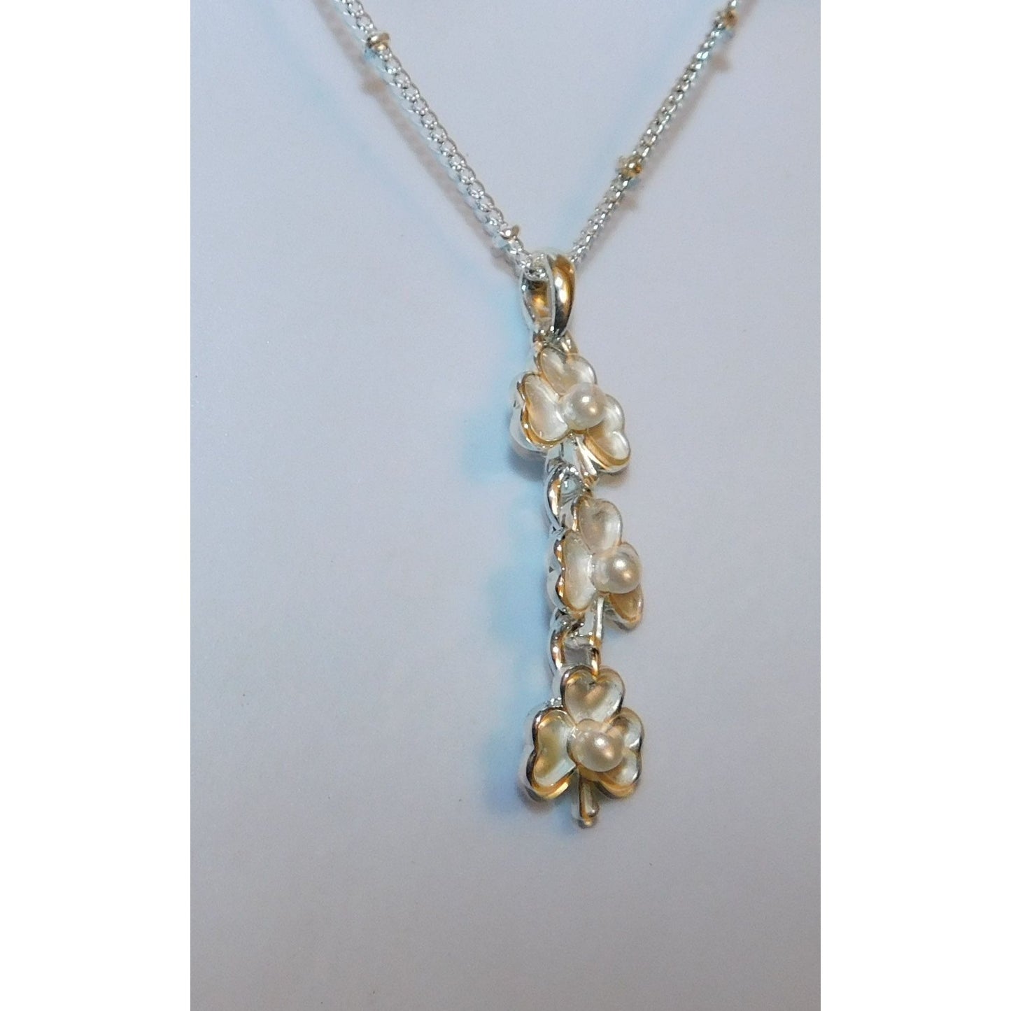 Triple Clover Silver Tone Necklace With Faux Pearl Accents