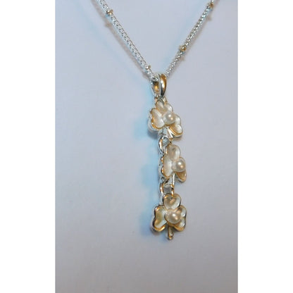 Triple Clover Silver Tone Necklace With Faux Pearl Accents