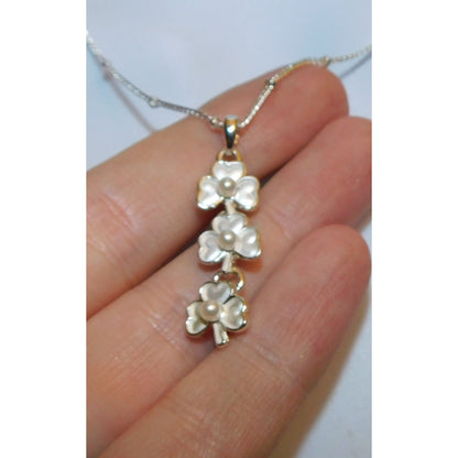 Triple Clover Silver Tone Necklace With Faux Pearl Accents