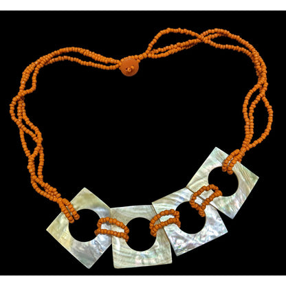 Vintage Bohemian Orange Beaded Necklace With Mother Of Pearl Square Links & Button Closure