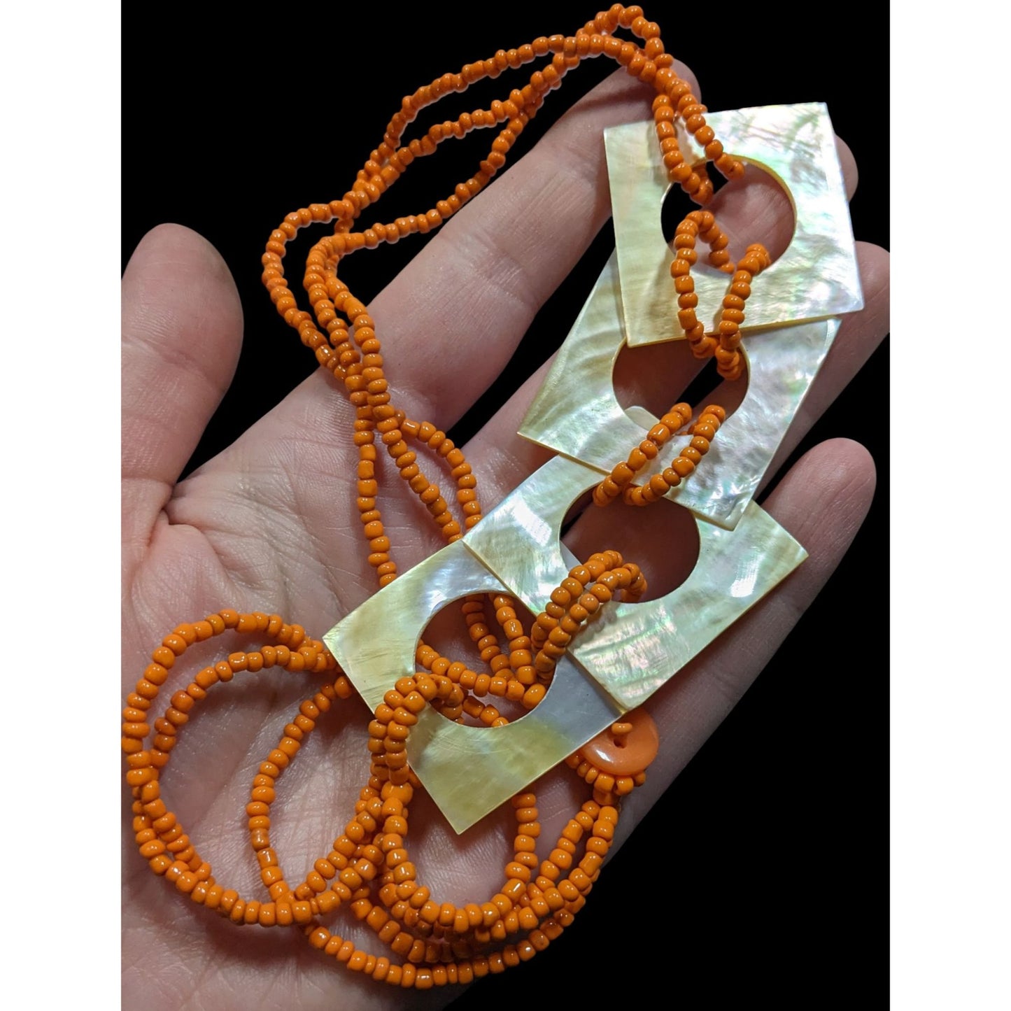 Vintage Bohemian Orange Beaded Necklace With Mother Of Pearl Square Links & Button Closure