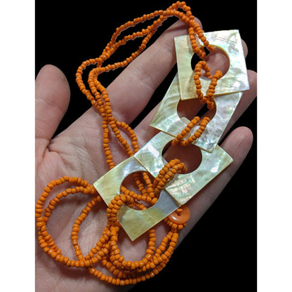 Vintage Bohemian Orange Beaded Necklace With Mother Of Pearl Square Links & Button Closure