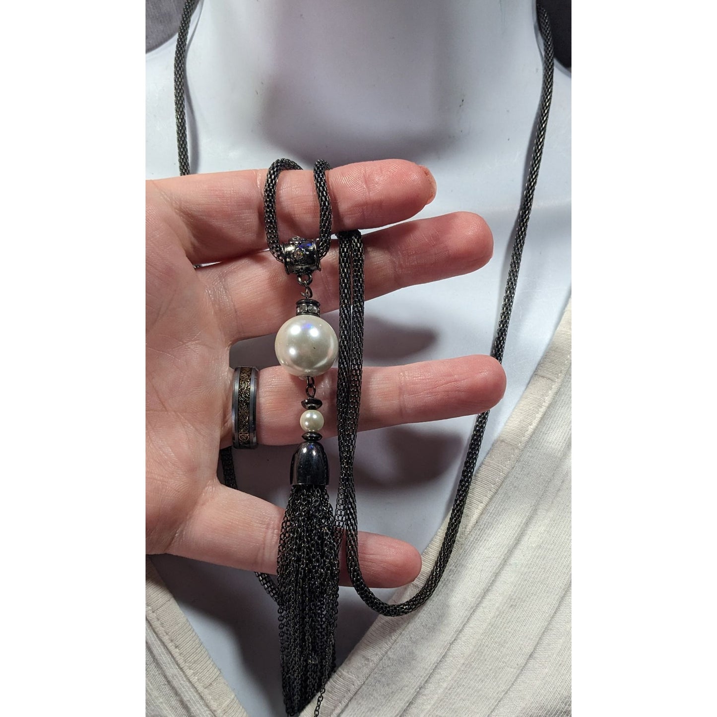 Glam Goth Gunmetal Mesh And Pearl Tassel Necklace