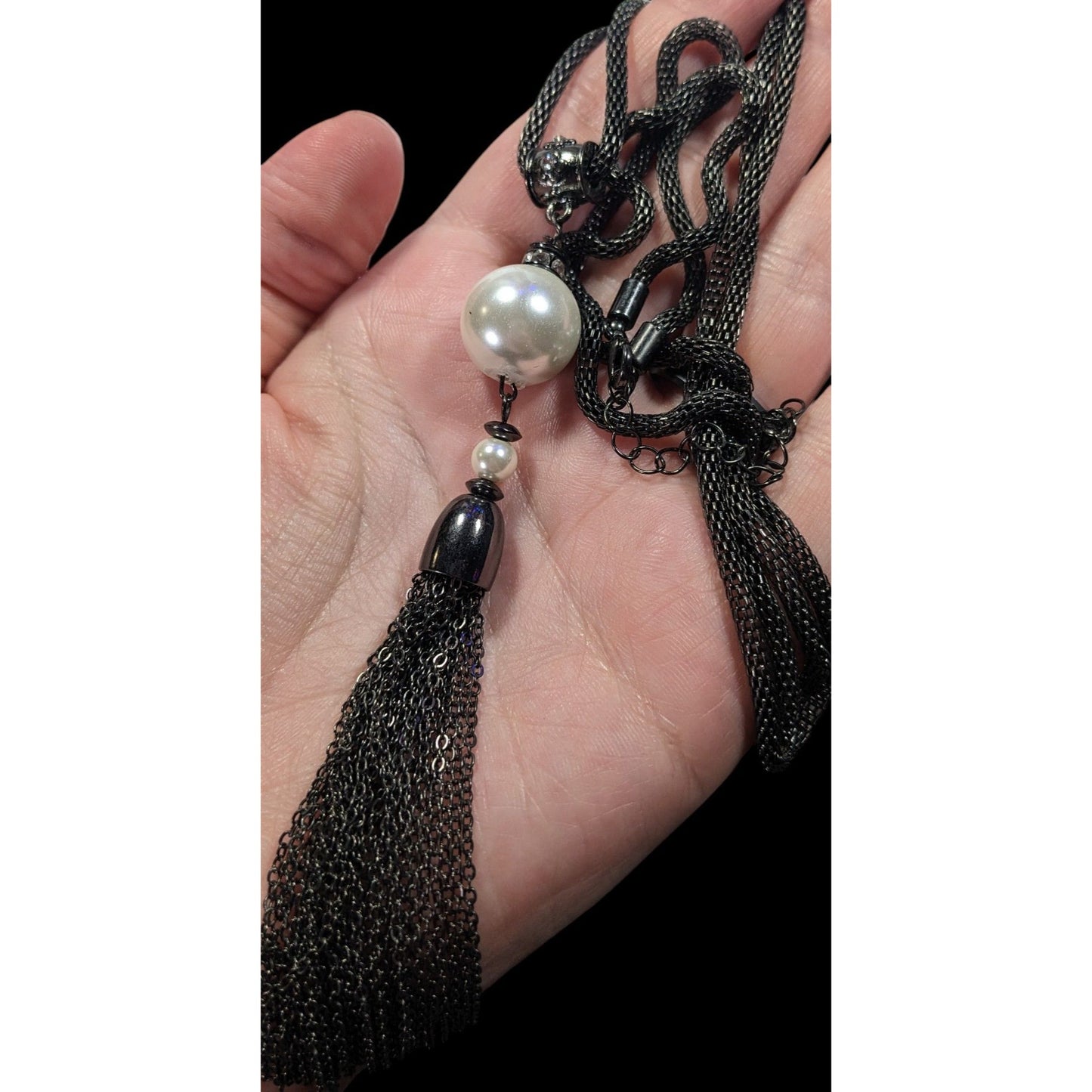 Glam Goth Gunmetal Mesh And Pearl Tassel Necklace