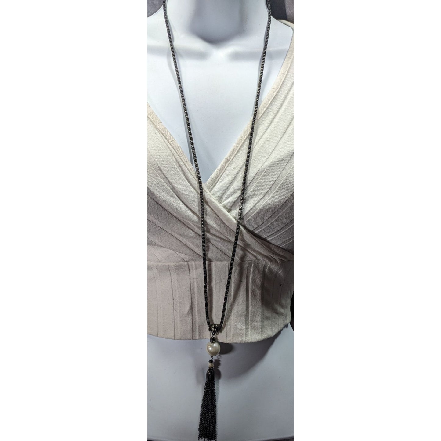 Glam Goth Gunmetal Mesh And Pearl Tassel Necklace