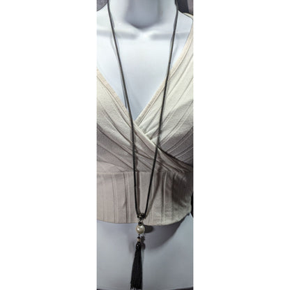 Glam Goth Gunmetal Mesh And Pearl Tassel Necklace