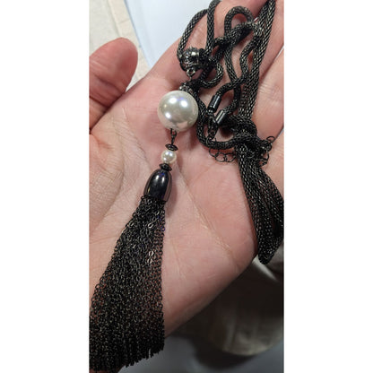 Glam Goth Gunmetal Mesh And Pearl Tassel Necklace