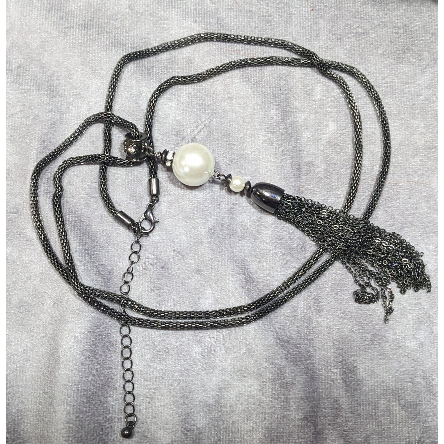 Glam Goth Gunmetal Mesh And Pearl Tassel Necklace