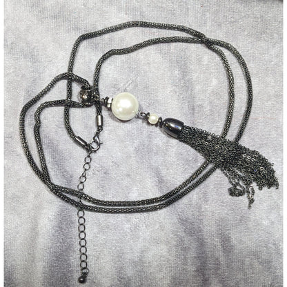 Glam Goth Gunmetal Mesh And Pearl Tassel Necklace