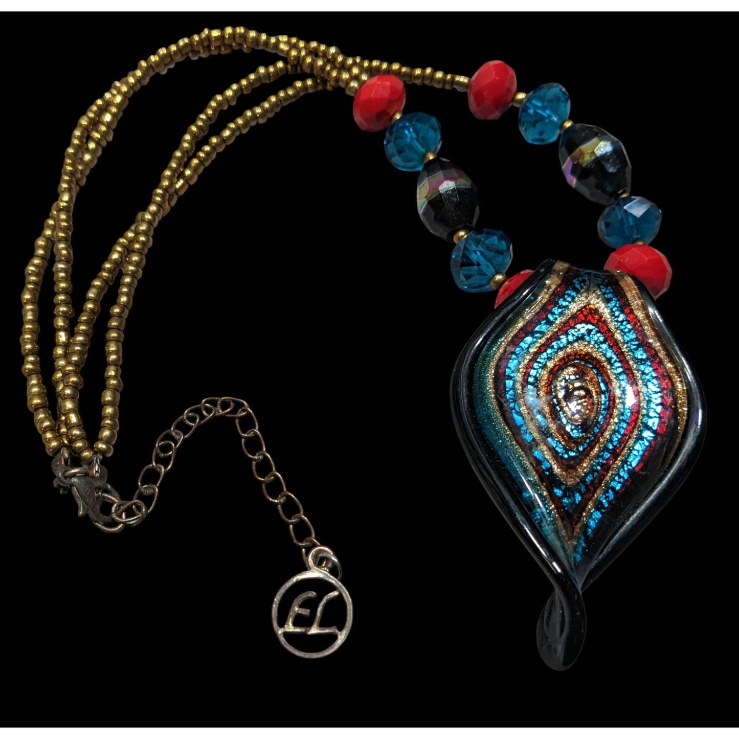 Erica Lyons Blue And Gold Tone Abstract Glass Necklace