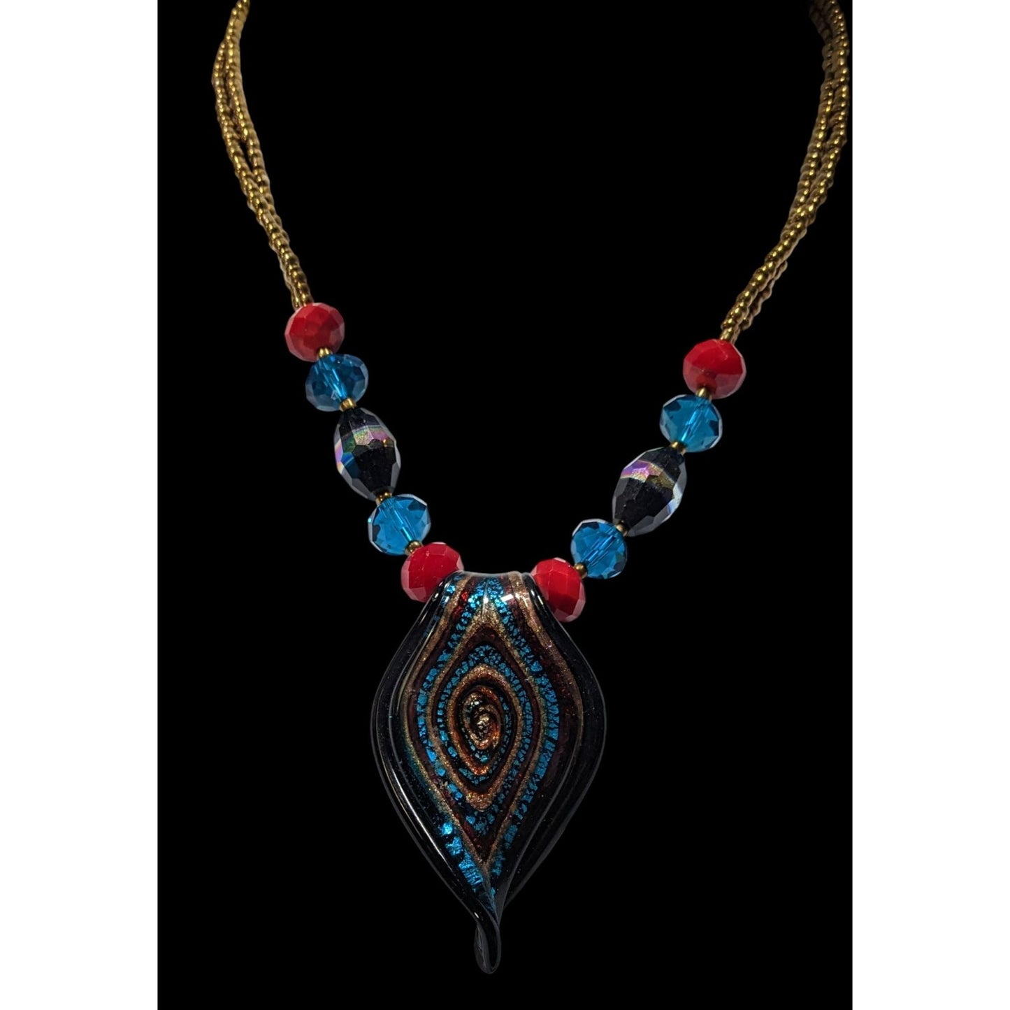 Erica Lyons Blue And Gold Tone Abstract Glass Necklace