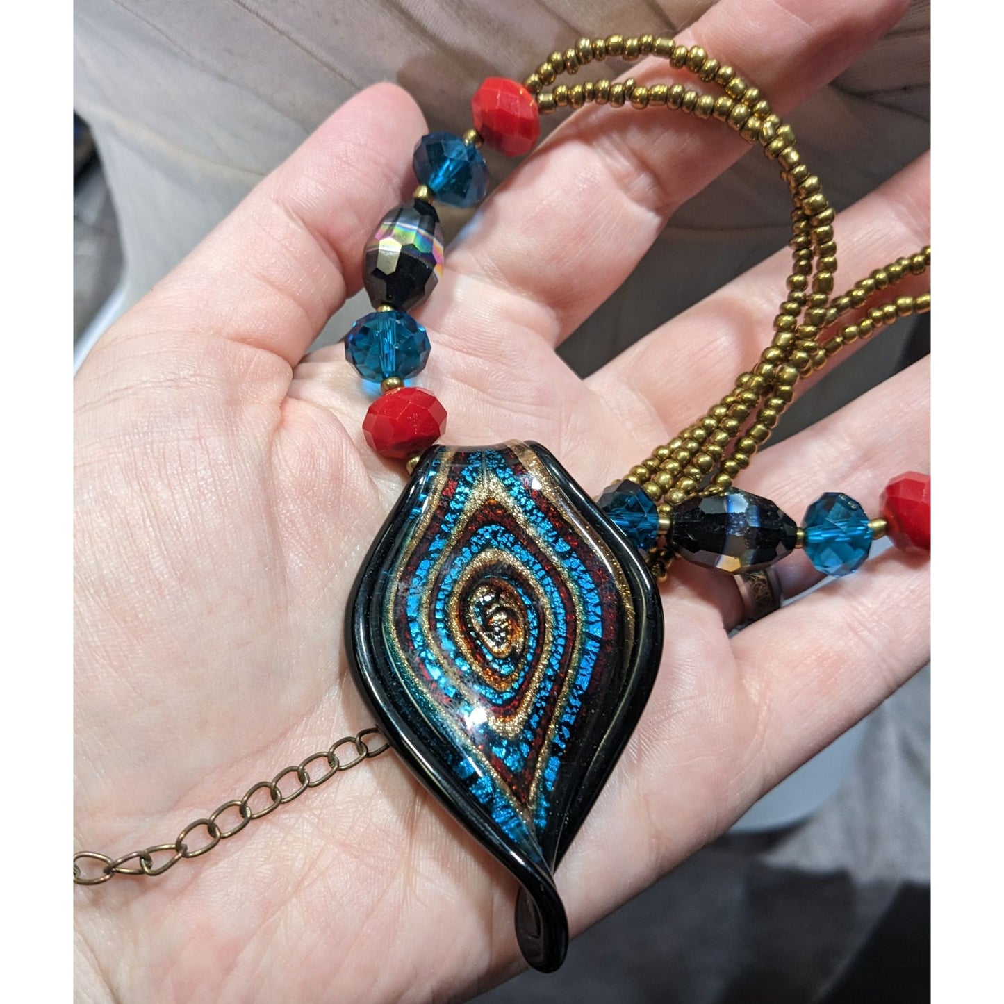 Erica Lyons Blue And Gold Tone Abstract Glass Necklace