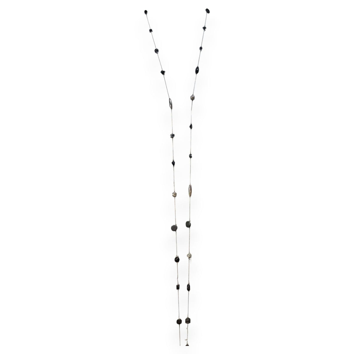 Whimsigoth Eclectic Glass Wood Black Silver Opera Necklace 54 Inch