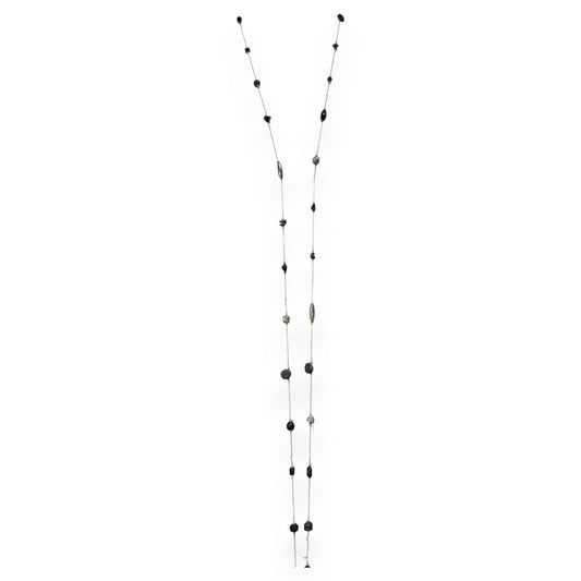Whimsigoth Eclectic Glass Wood Black Silver Opera Necklace 54 Inch