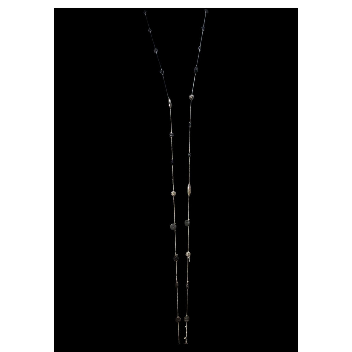 Whimsigoth Eclectic Glass Wood Black Silver Opera Necklace 54 Inch
