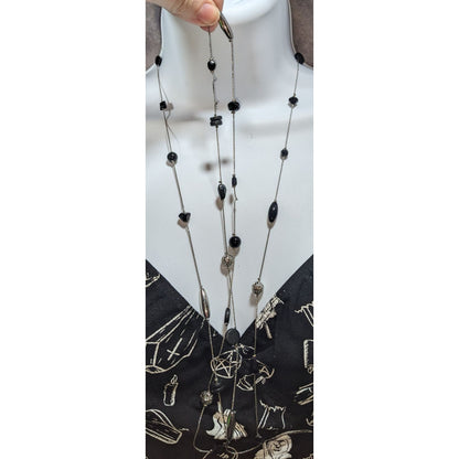 Whimsigoth Eclectic Glass Wood Black Silver Opera Necklace 54 Inch
