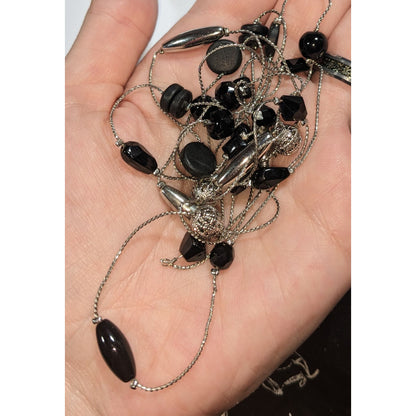 Whimsigoth Eclectic Glass Wood Black Silver Opera Necklace 54 Inch