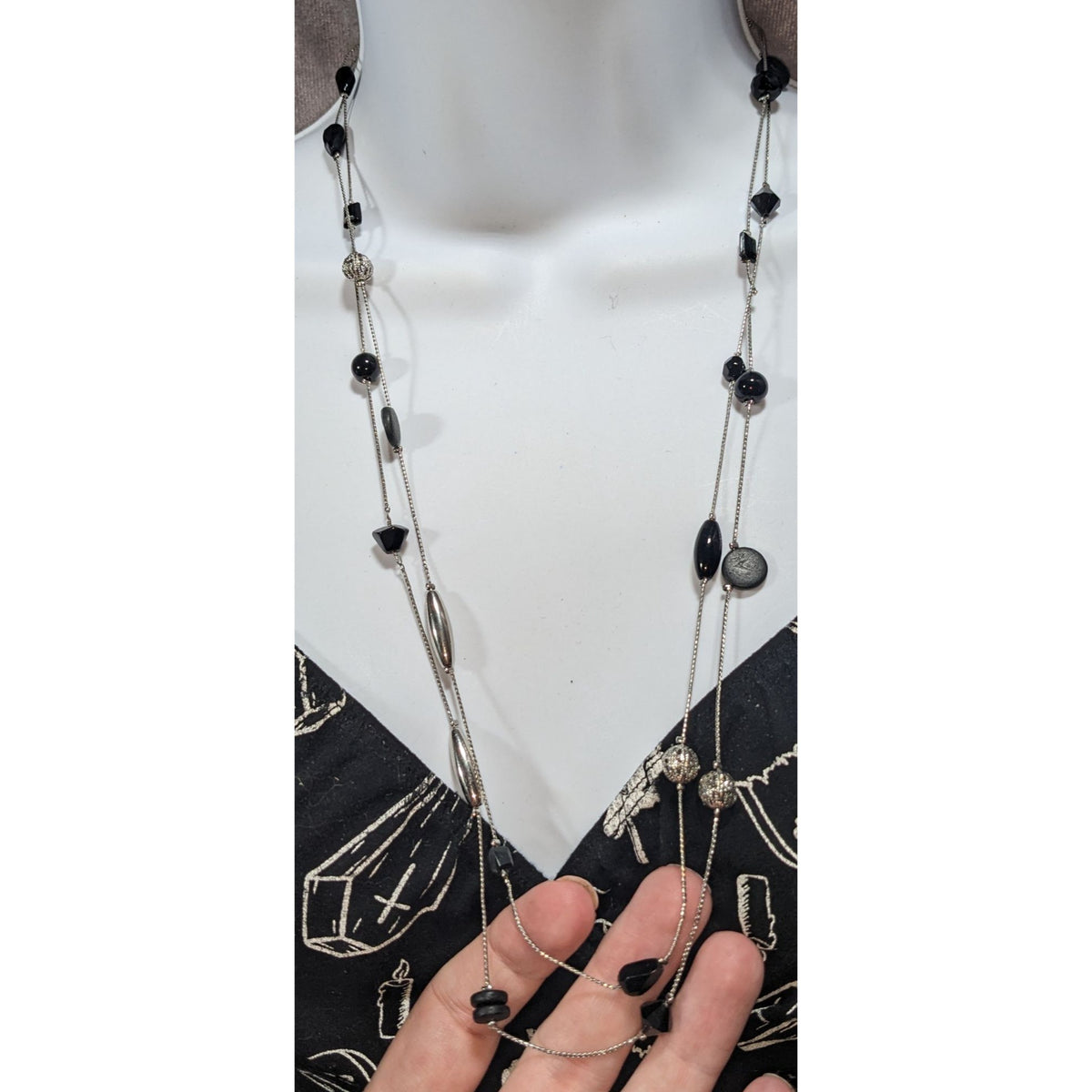 Whimsigoth Eclectic Glass Wood Black Silver Opera Necklace 54 Inch