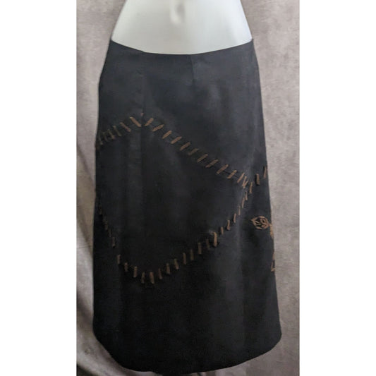 Vintage Richard Malcolm Black A-Line Skirt With Brown Stitch & Floral Applique