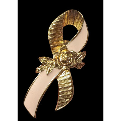 Vintage Avon Floral Ribbon Breast Cancer Awareness Pink And Gold Tone Lapel Pin