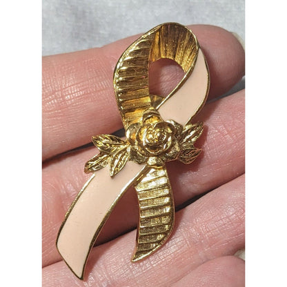 Vintage Avon Floral Ribbon Breast Cancer Awareness Pink And Gold Tone Lapel Pin