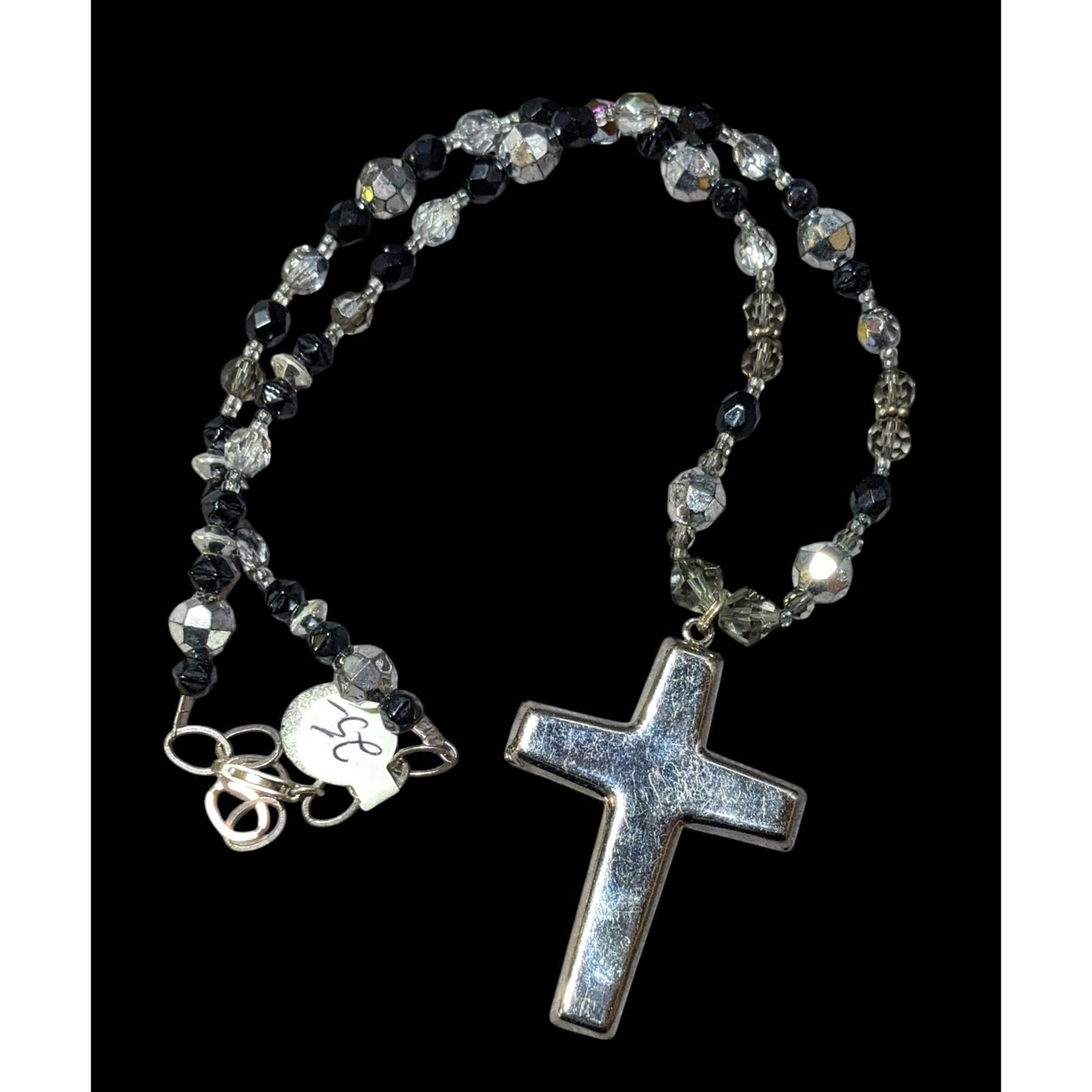 Silver Tone And Black Glass And Metal Beaded Cross Necklace