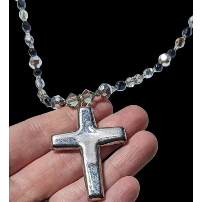 Silver Tone And Black Glass And Metal Beaded Cross Necklace