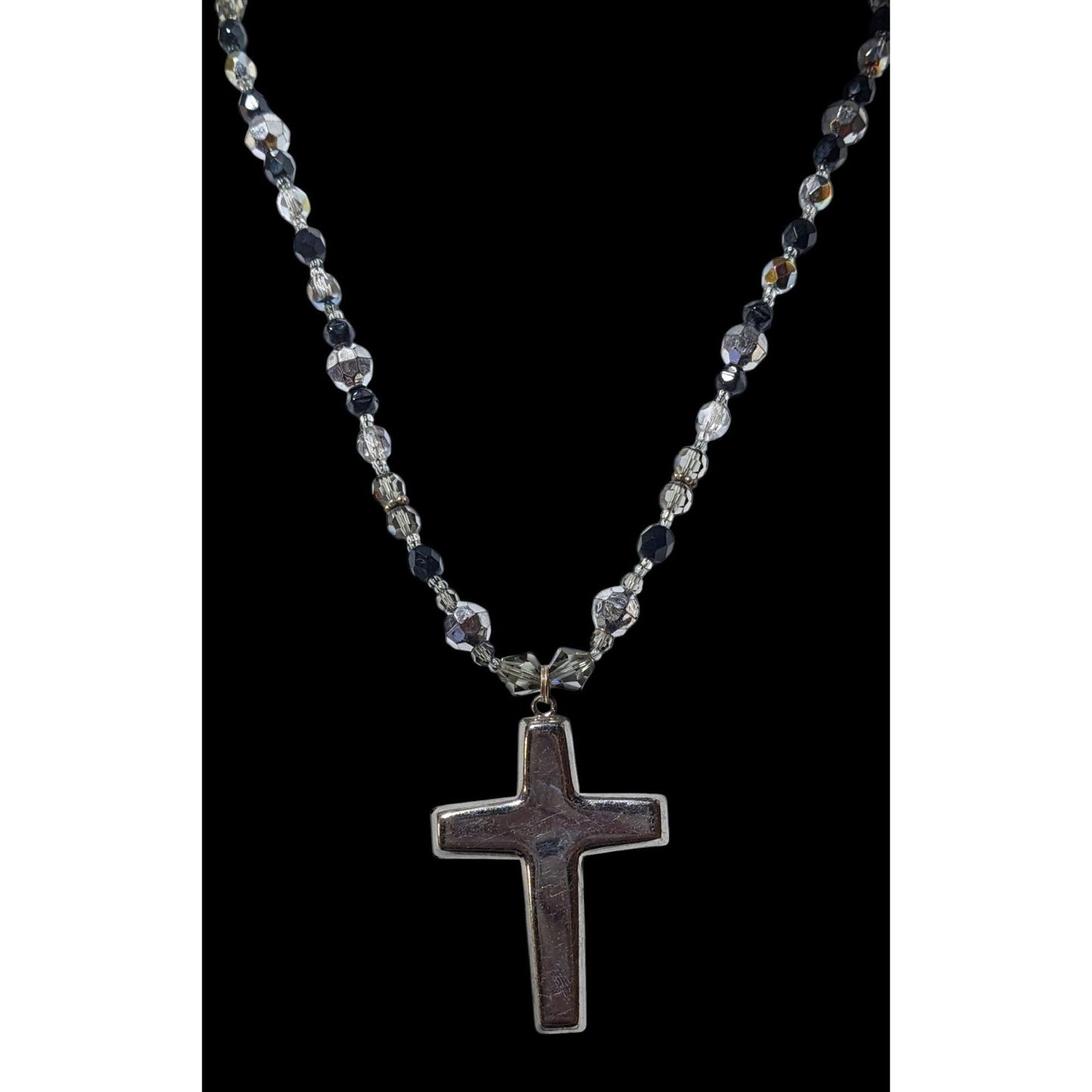 Silver Tone And Black Glass And Metal Beaded Cross Necklace