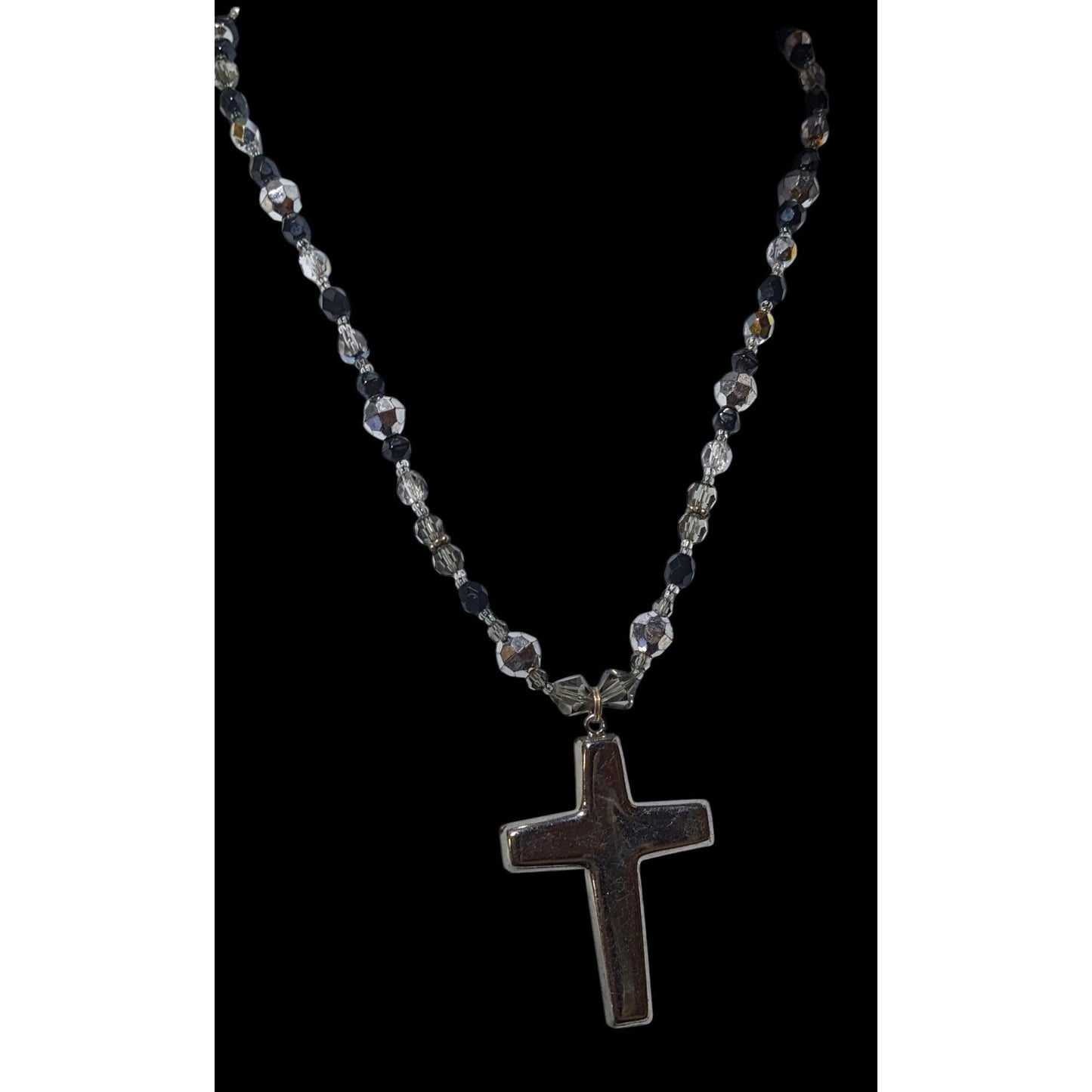 Silver Tone And Black Glass And Metal Beaded Cross Necklace