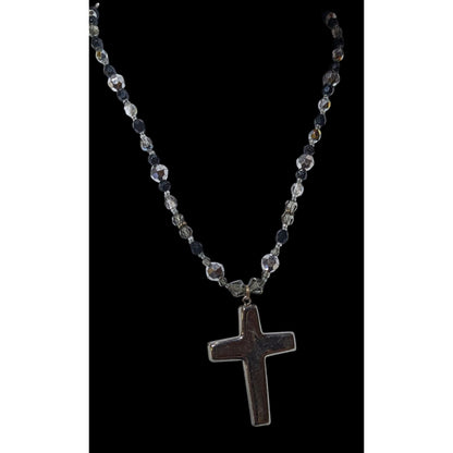 Silver Tone And Black Glass And Metal Beaded Cross Necklace