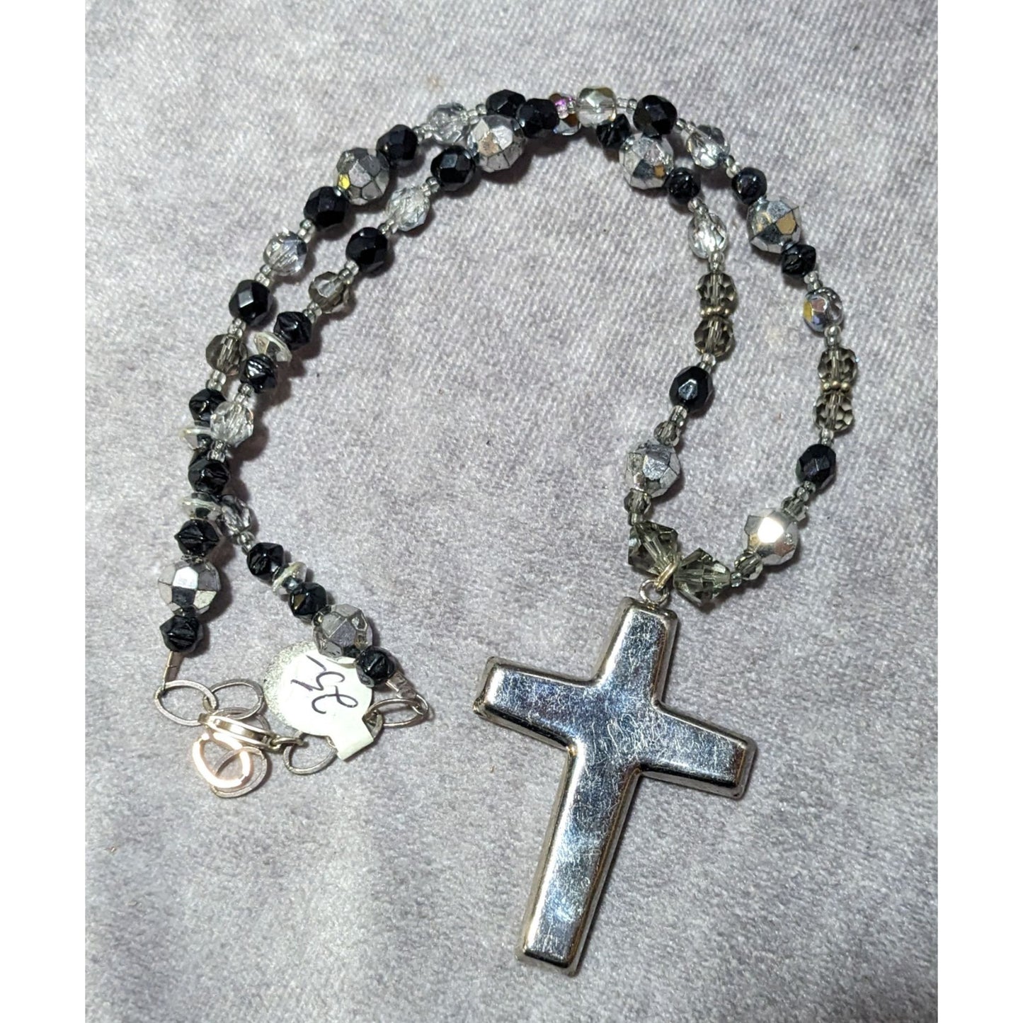 Silver Tone And Black Glass And Metal Beaded Cross Necklace