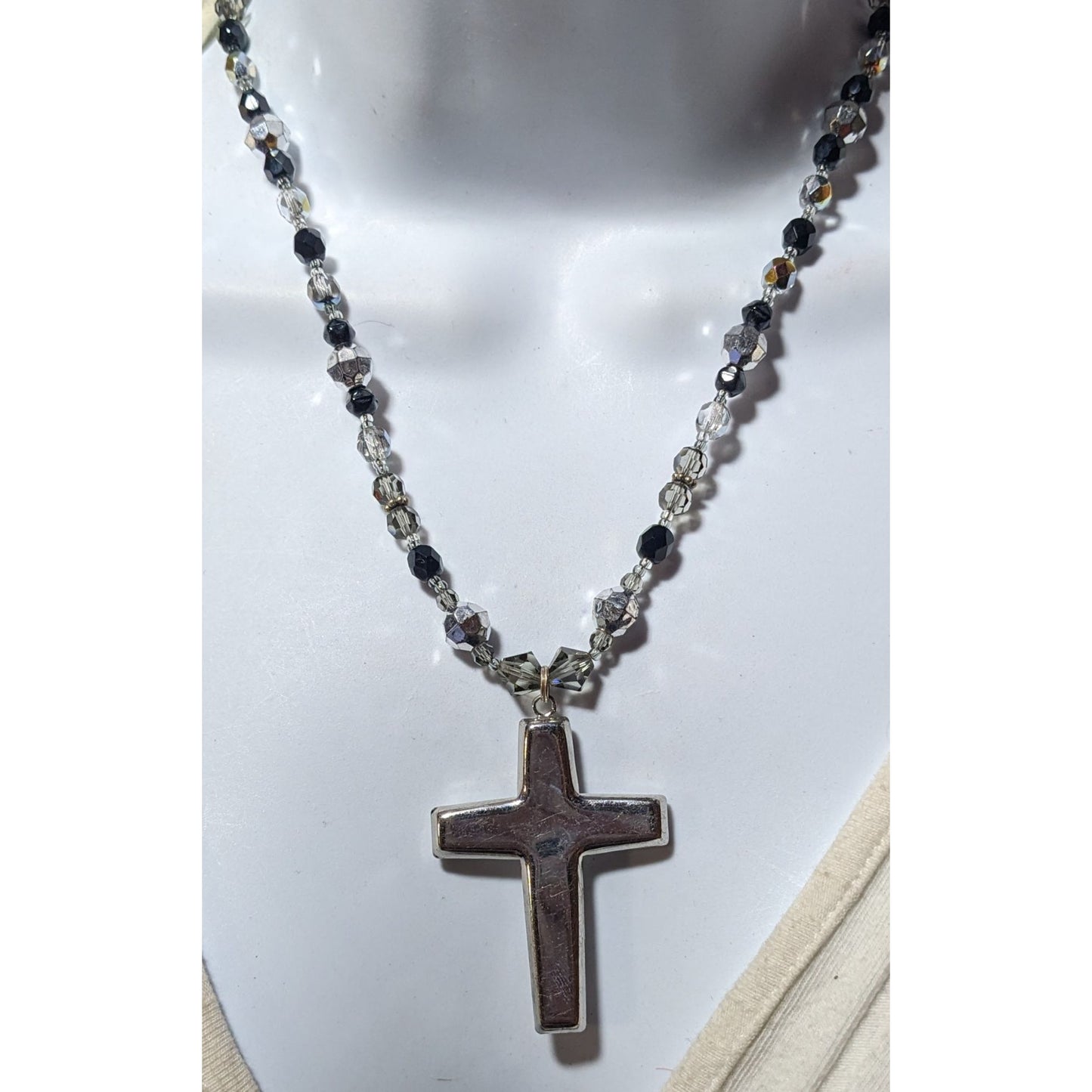 Silver Tone And Black Glass And Metal Beaded Cross Necklace