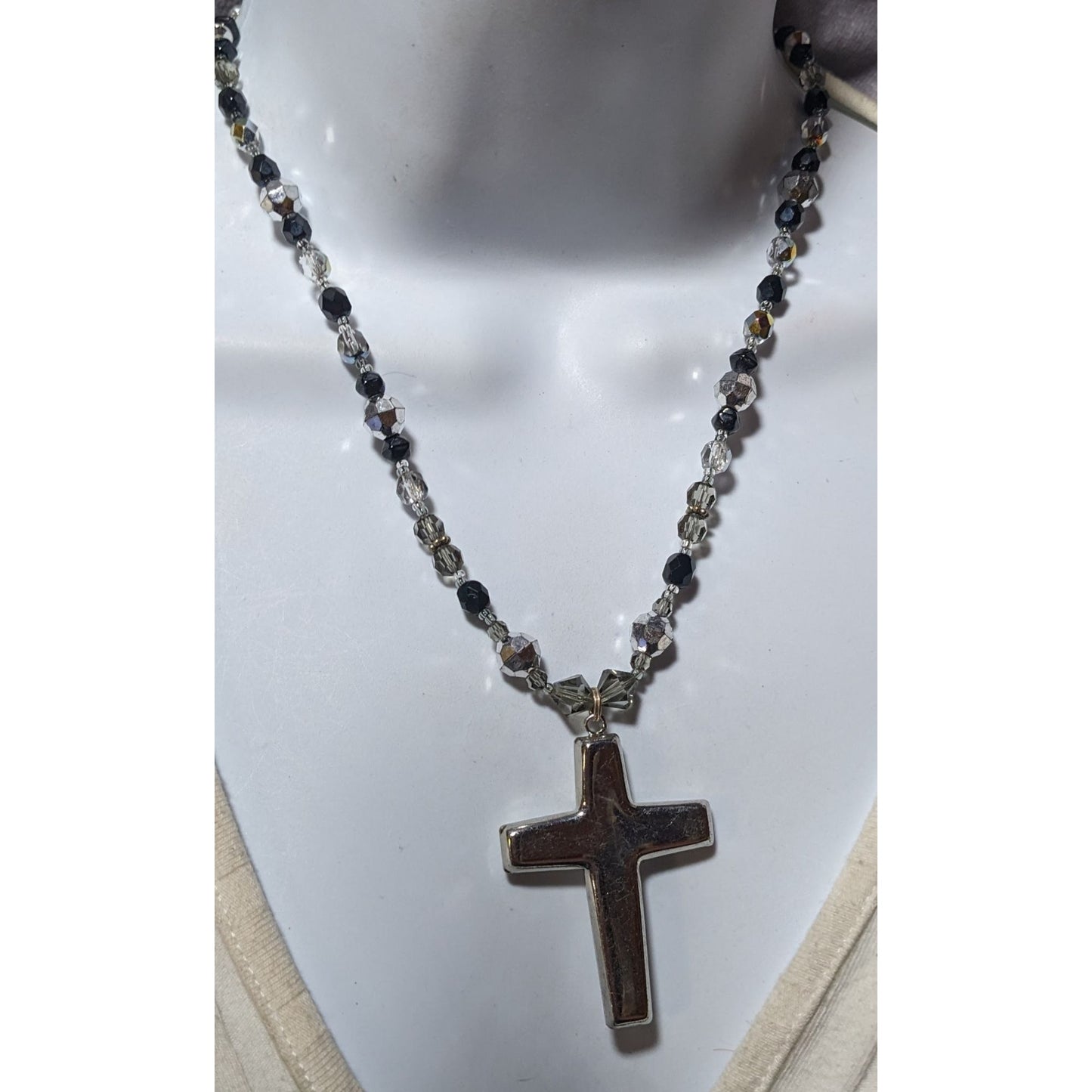 Silver Tone And Black Glass And Metal Beaded Cross Necklace