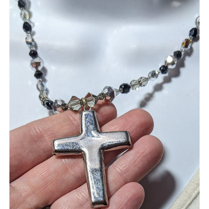 Silver Tone And Black Glass And Metal Beaded Cross Necklace