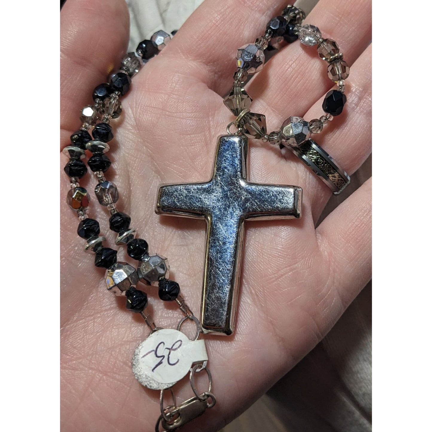 Silver Tone And Black Glass And Metal Beaded Cross Necklace