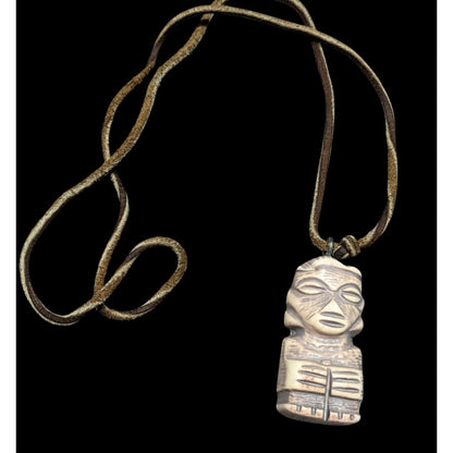 Tribal Pendant Necklace With Unique Figure Carving On Brown Suede Cord
