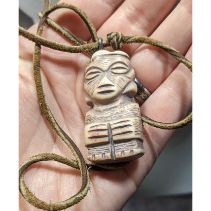 Tribal Pendant Necklace With Unique Figure Carving On Brown Suede Cord