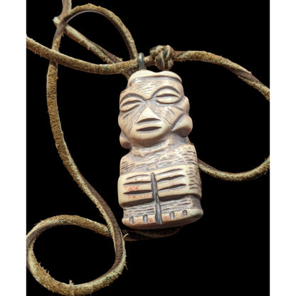 Tribal Pendant Necklace With Unique Figure Carving On Brown Suede Cord