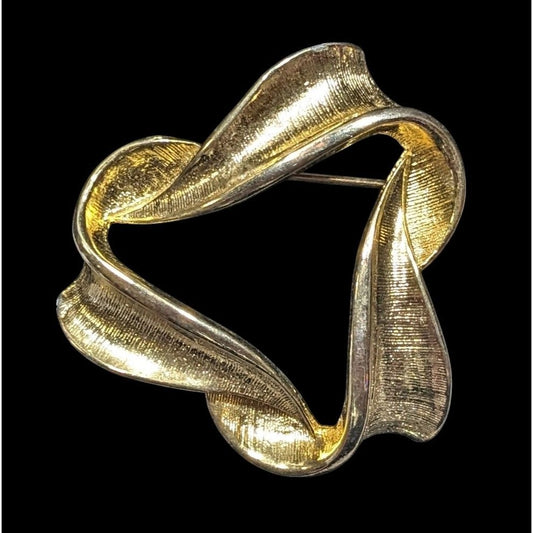 Vintage Triangle Ribbon Textured Gold Tone Brooch