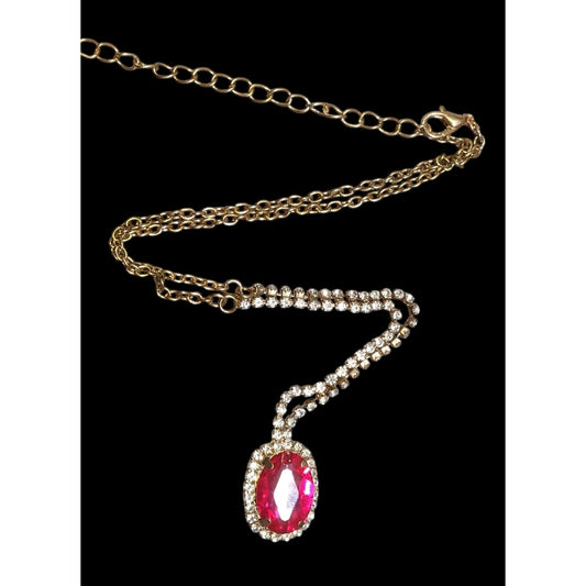 Fantasy Glam Pink Gemmed Pendant Necklace With Rhinestone Accents