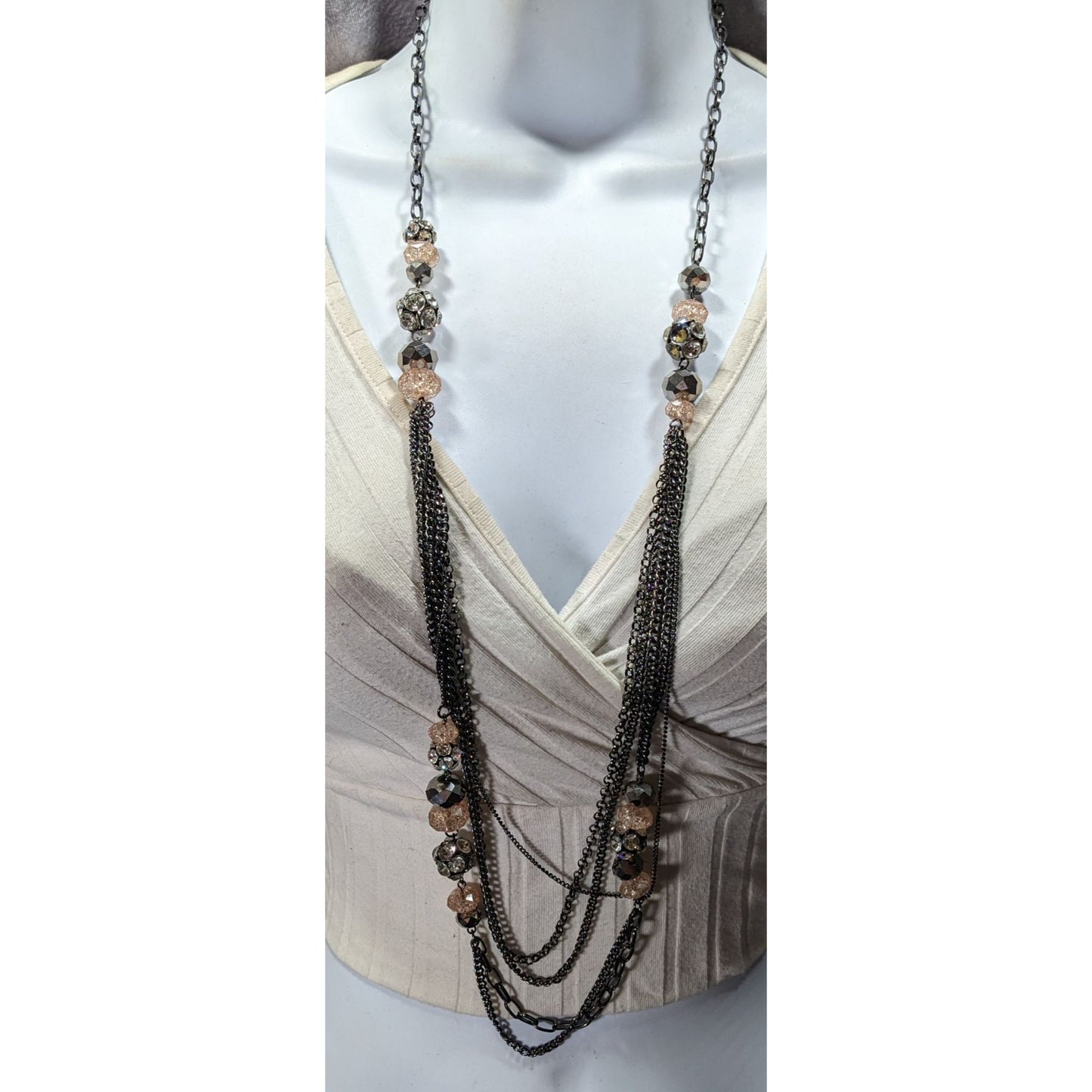 Vera Wang Gunmetal And Pink Glass Layered Station Necklace