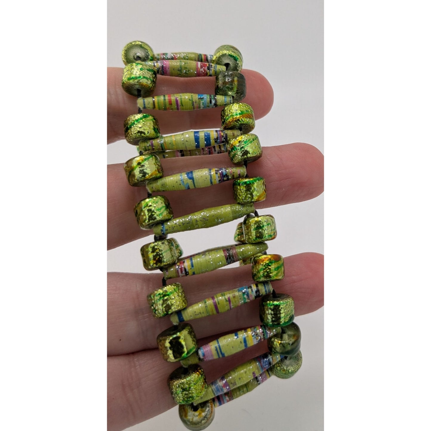 Handmade Metallic Green Paper Bead Stretch Bracelet