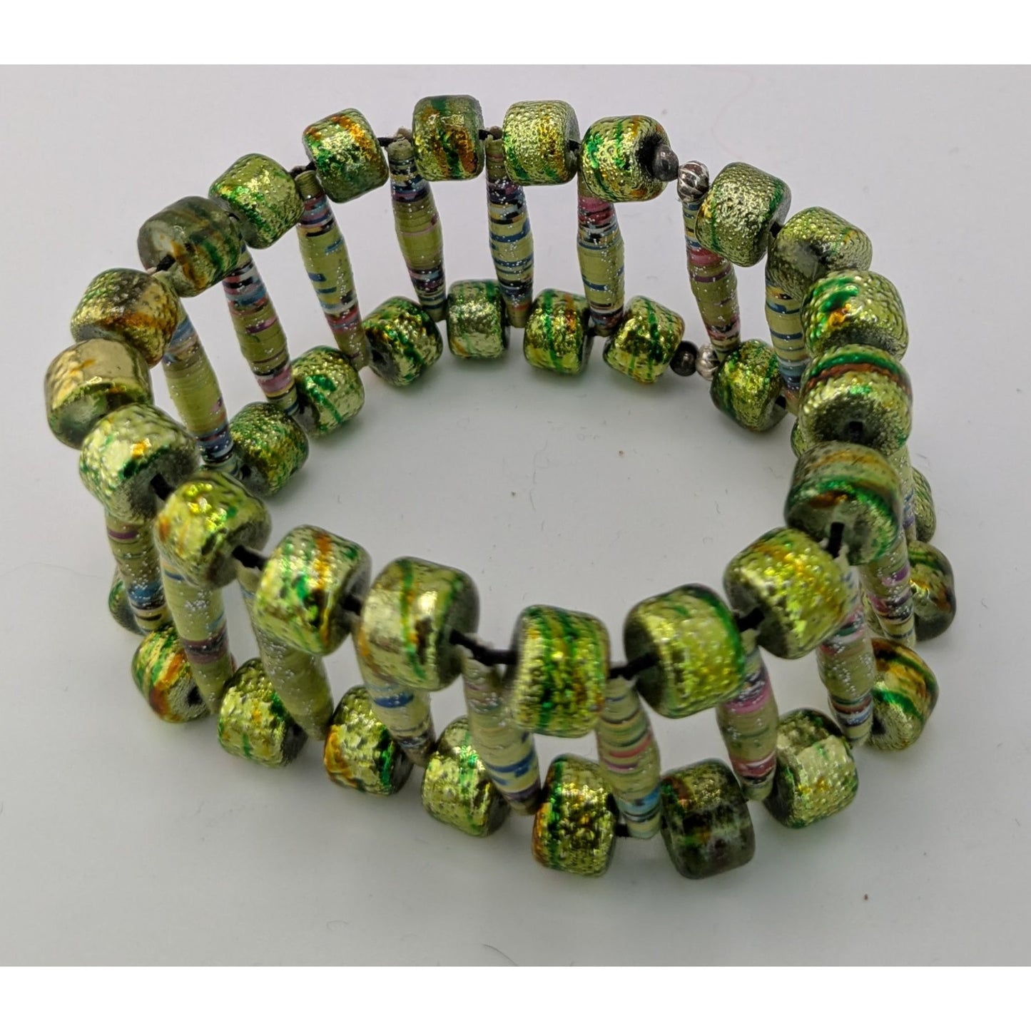 Handmade Metallic Green Paper Bead Stretch Bracelet
