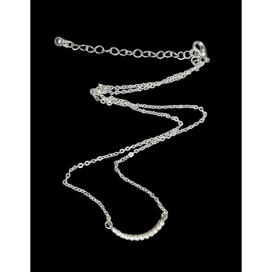 Minimalist Glam Curved Rhinestone Bar Silver Tone Necklace