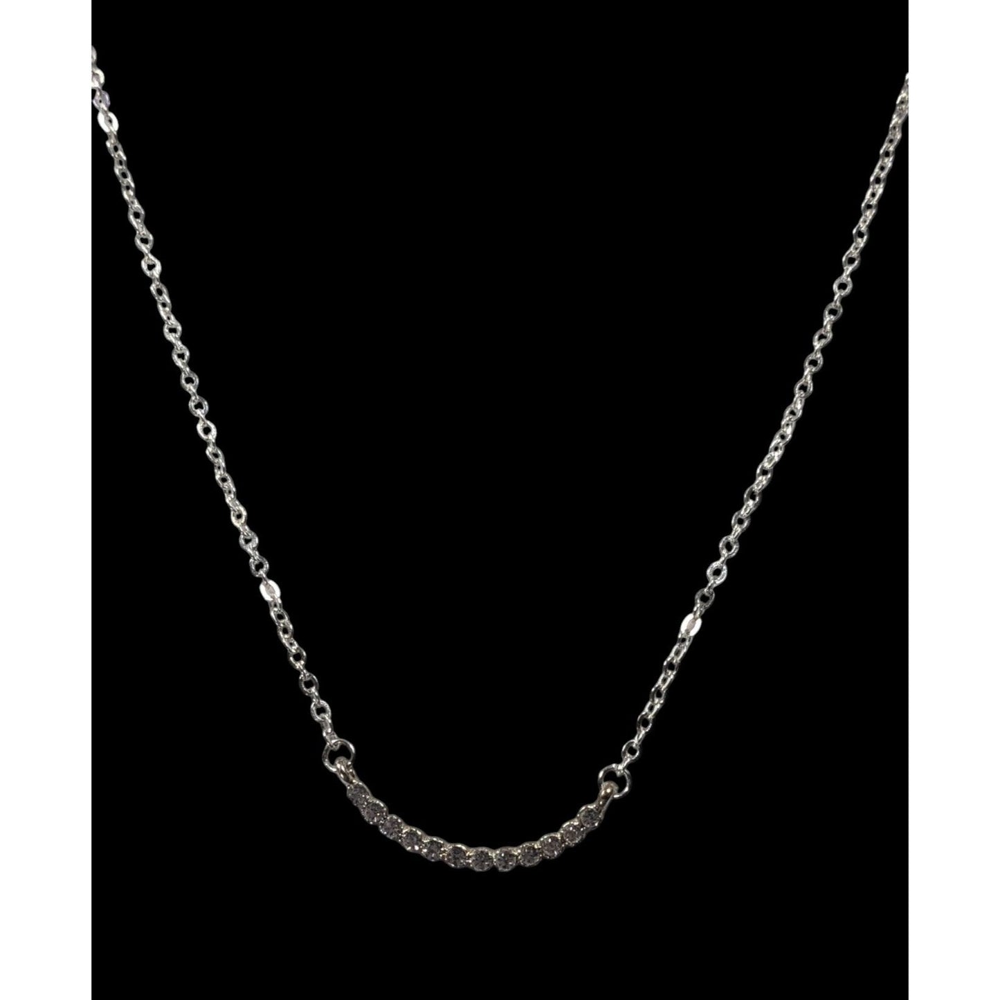 Minimalist Glam Curved Rhinestone Bar Silver Tone Necklace
